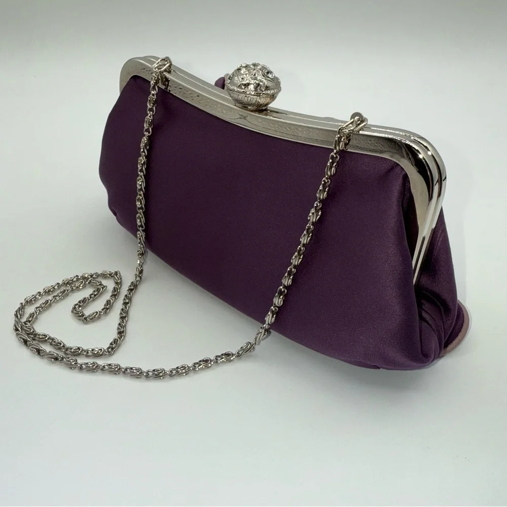 Dollhouse Satin Ruffled Front Jeweled Kiss-Lock Purple Handbag ClutchFormal Prom